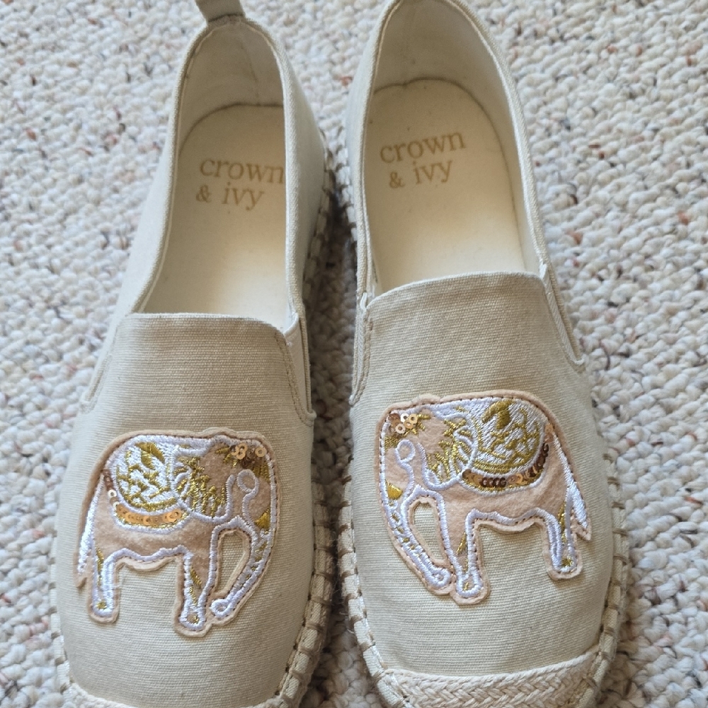 Crown & Ivy Beige Espadrilles with Elephant Design